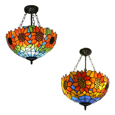 Sunflower Stained Glass Ceiling Light - Rustic Tiffany Style in Orange - 12"/16" Width - Semi Flush Mount for Bookstores