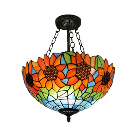 Sunflower Stained Glass Ceiling Light - Rustic Tiffany Style in Orange - 12"/16" Width - Semi Flush Mount for Bookstores