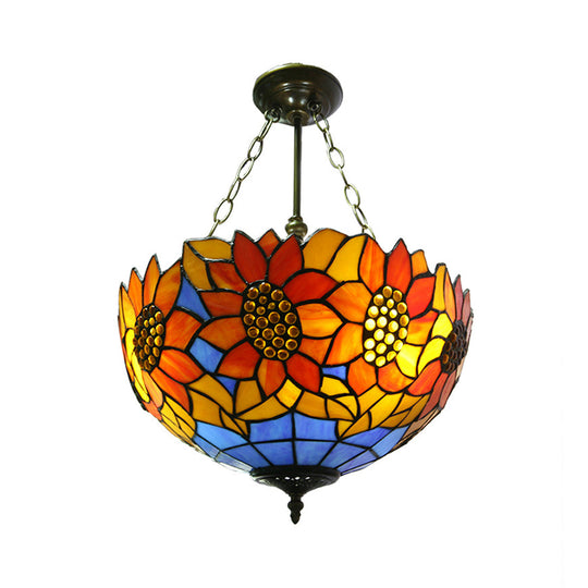 Sunflower Stained Glass Ceiling Light - Rustic Tiffany Style in Orange - 12"/16" Width - Semi Flush Mount for Bookstores