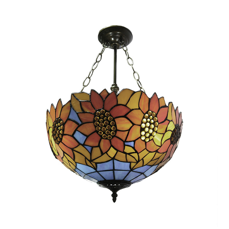 Sunflower Stained Glass Ceiling Light - Rustic Tiffany Style In Orange 12/16 Width Semi Flush Mount