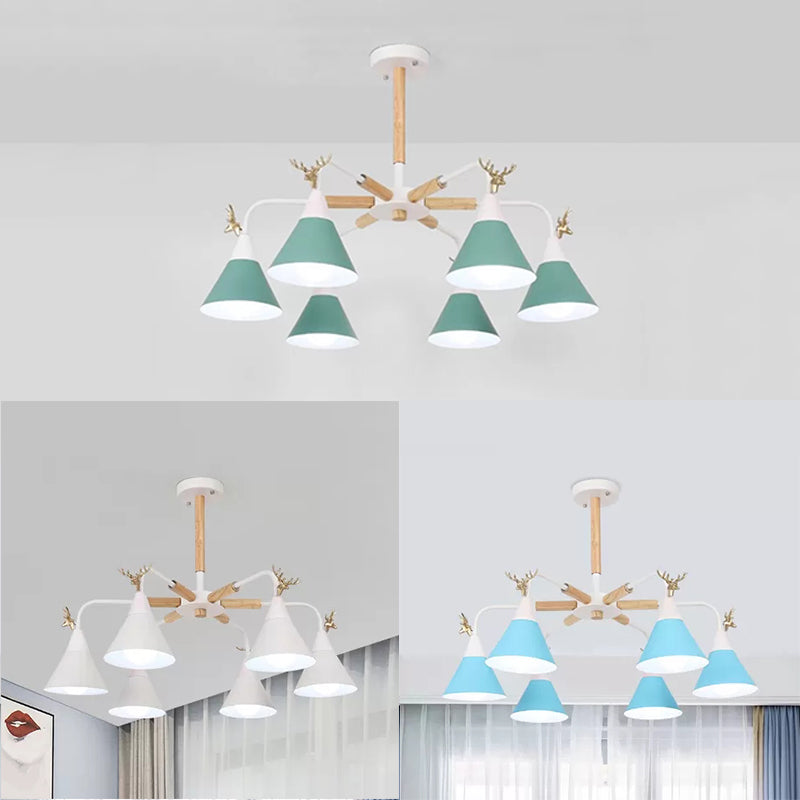 Conical Pendant Light With Antlers: Metal Design 6 Lights For Dining Room Or Kitchen