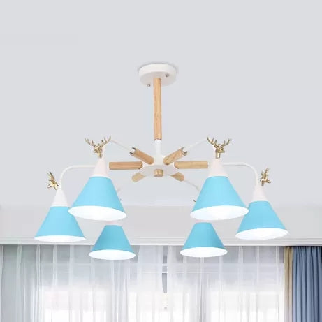 Conical Pendant Light With Antlers: Metal Design 6 Lights For Dining Room Or Kitchen