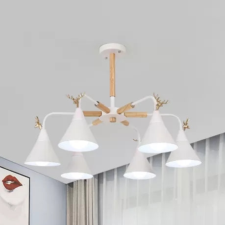 Conical Pendant Light With Antlers: Metal Design 6 Lights For Dining Room Or Kitchen White