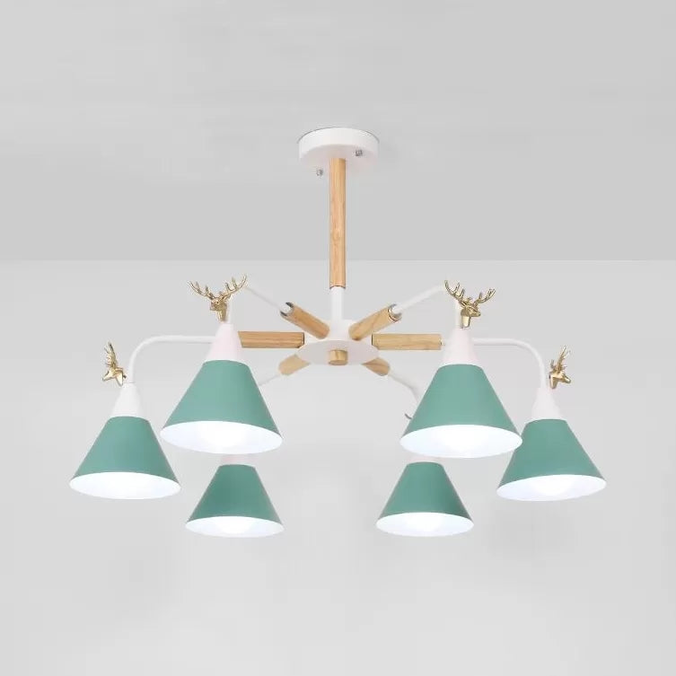 Conical Pendant Light With Antlers: Metal Design 6 Lights For Dining Room Or Kitchen