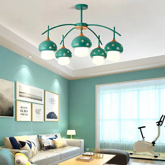 Cartoon Metal Mushroom Chandelier - 5-Head Kids Suspension Light For Bedroom Perfect Girls And Boys