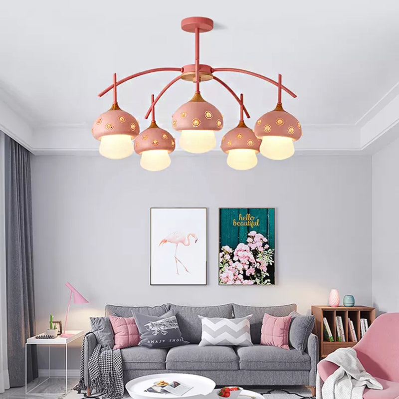 Cartoon Metal Mushroom Chandelier - 5-Head Kids Suspension Light For Bedroom Perfect Girls And Boys