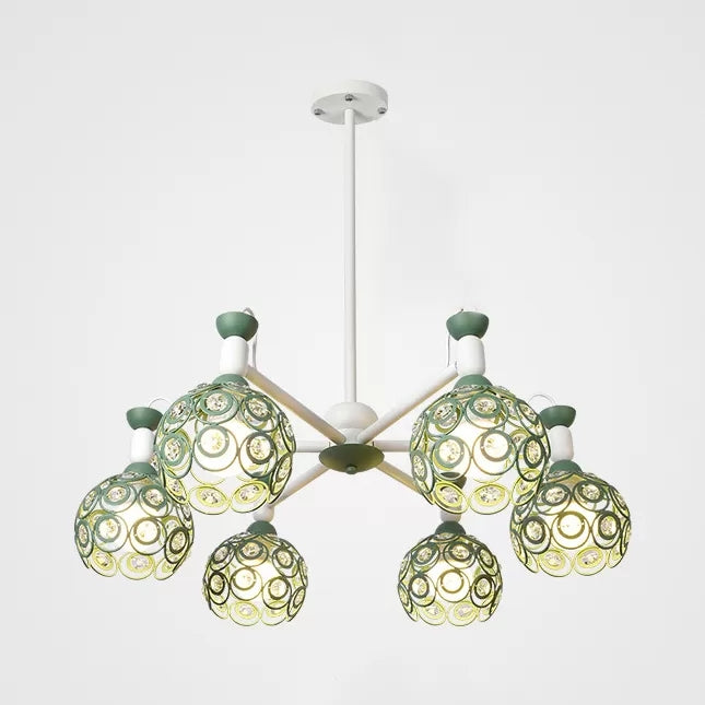 Green Macaron Hollow Orb Chandelier With Crystal Bead Accent | Bedroom Hanging Light 6 /