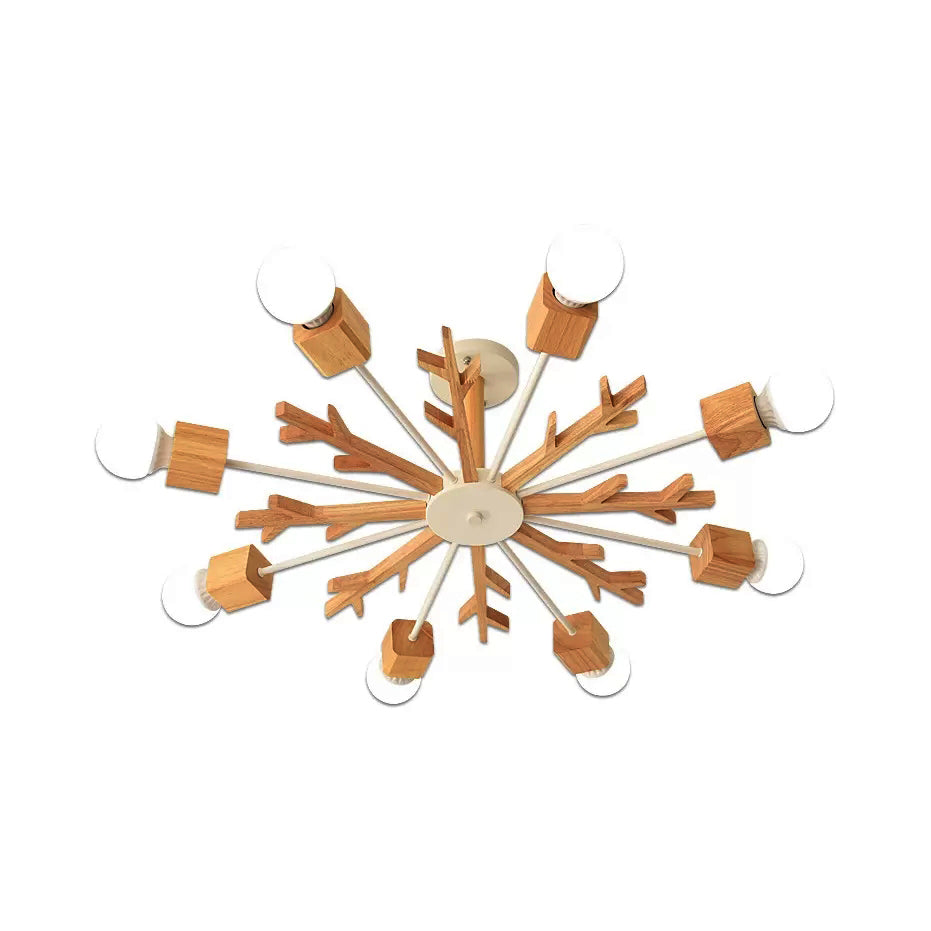 Childrens Beige Wood Snowflake Chandelier With Bare Bulb For Living Room