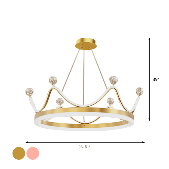 Metallic Crown Led Chandelier With Crystal Bead Décor - Nordic Style Pendant Lighting (Pink/Gold)