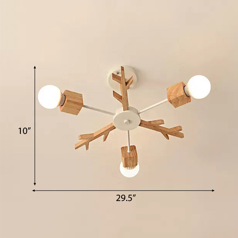 Childrens Beige Wood Snowflake Chandelier With Bare Bulb For Living Room