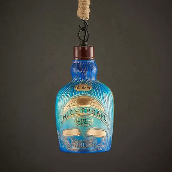 Antique Style Glass Pendant Light: Wine Bottle Restaurant Lamp (Adjustable 1-Light Red/Yellow) Blue