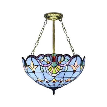 Tiffany-Style Victorian Ceiling Fixture For Study Room With Multi-Colored Glass Semi Flush Mount