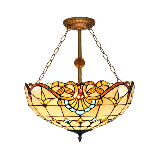 Tiffany-style Victorian Ceiling Fixture for Study Room with Multi-colored Glass Semi Flush Mount