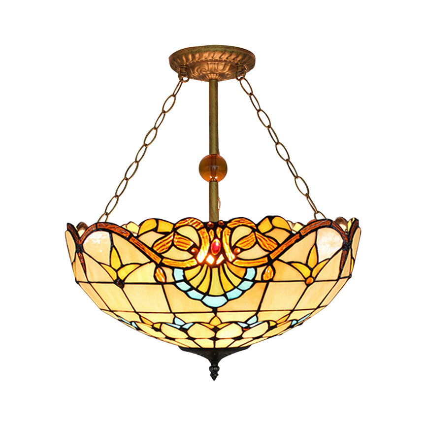 Tiffany-Style Victorian Ceiling Fixture For Study Room With Multi-Colored Glass Semi Flush Mount