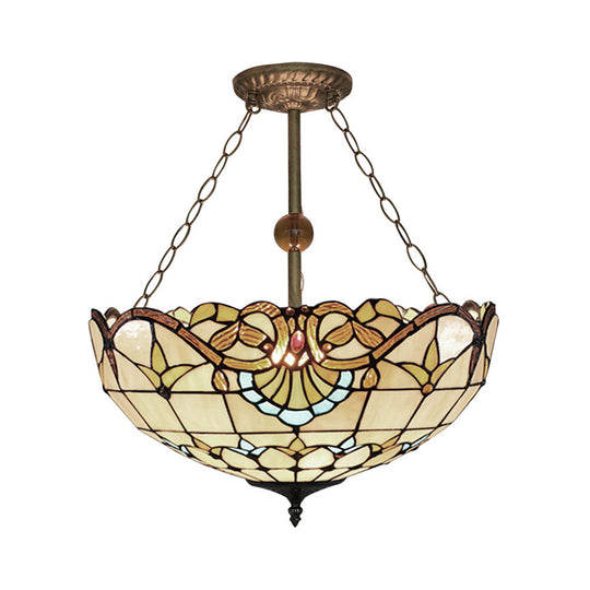 Tiffany-style Victorian Ceiling Fixture for Study Room with Multi-colored Glass Semi Flush Mount