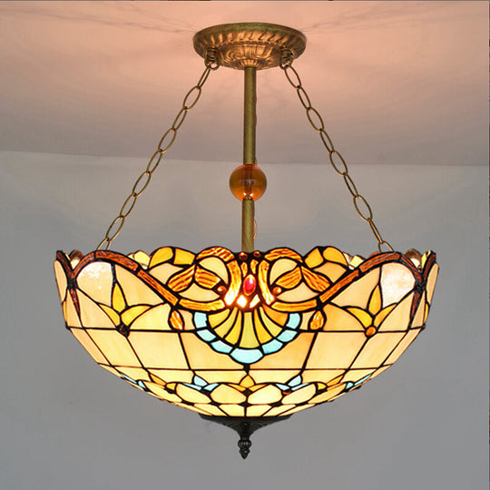 Tiffany-style Victorian Ceiling Fixture for Study Room with Multi-colored Glass Semi Flush Mount