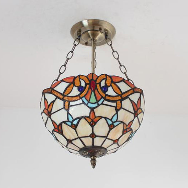 Tiffany-style Victorian Ceiling Fixture for Study Room with Multi-colored Glass Semi Flush Mount