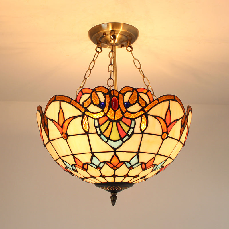 Tiffany-style Victorian Ceiling Fixture for Study Room with Multi-colored Glass Semi Flush Mount