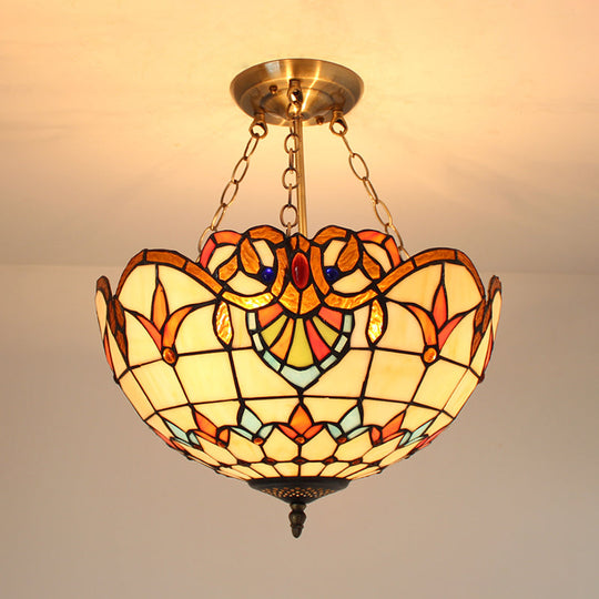 Tiffany-style Victorian Ceiling Fixture for Study Room with Multi-colored Glass Semi Flush Mount