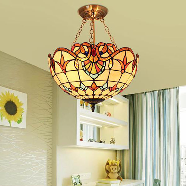 Tiffany-style Victorian Ceiling Fixture for Study Room with Multi-colored Glass Semi Flush Mount