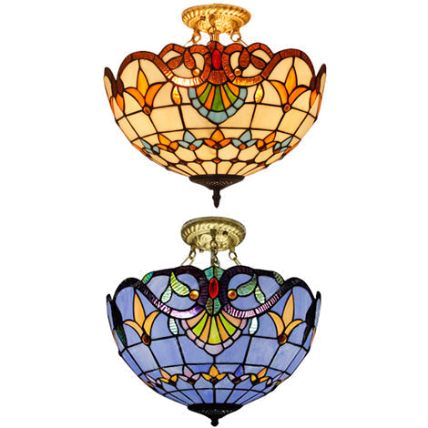 Tiffany-style Victorian Ceiling Fixture for Study Room with Multi-colored Glass Semi Flush Mount