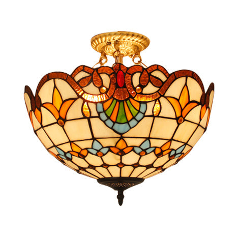 Tiffany-style Victorian Ceiling Fixture for Study Room with Multi-colored Glass Semi Flush Mount