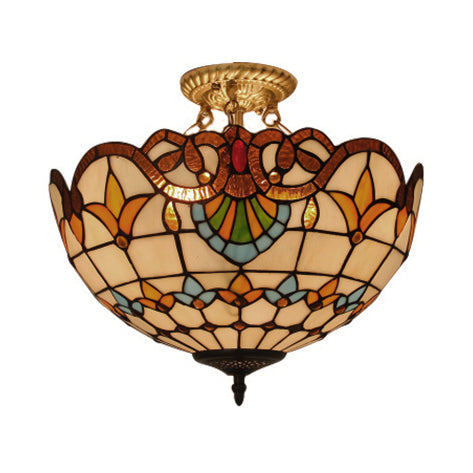 Tiffany-style Victorian Ceiling Fixture for Study Room with Multi-colored Glass Semi Flush Mount