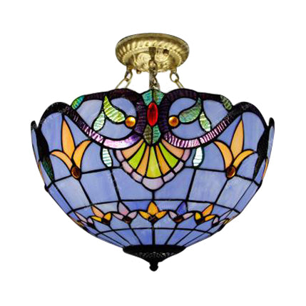 Tiffany-style Victorian Ceiling Fixture for Study Room with Multi-colored Glass Semi Flush Mount