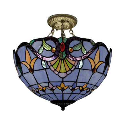 Tiffany-style Victorian Ceiling Fixture for Study Room with Multi-colored Glass Semi Flush Mount