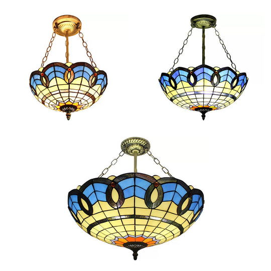 Stained Glass Inverted Ceiling Lamp - Tiffany Baroque Semi Flushmount Light in Beige/Yellow/Antique Bronze - Multiple Sizes Available