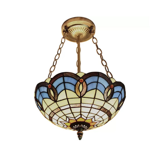 Stained Glass Inverted Ceiling Lamp - Tiffany Baroque Semi Flushmount Light in Beige/Yellow/Antique Bronze - Multiple Sizes Available