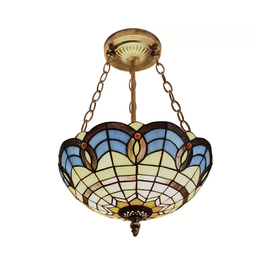 Stained Glass Inverted Ceiling Lamp - Tiffany Baroque Semi Flushmount Light In Beige/Yellow/Antique