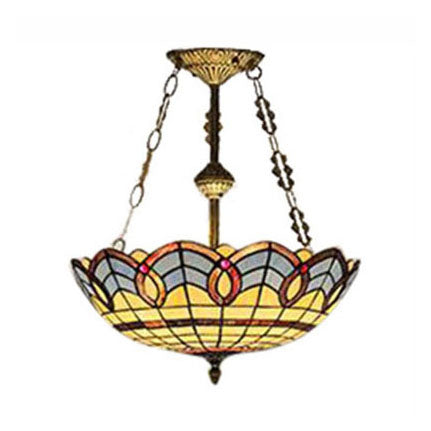 Stained Glass Inverted Ceiling Lamp - Tiffany Baroque Semi Flushmount Light in Beige/Yellow/Antique Bronze - Multiple Sizes Available