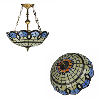 Stained Glass Inverted Ceiling Lamp - Tiffany Baroque Semi Flushmount Light in Beige/Yellow/Antique Bronze - Multiple Sizes Available