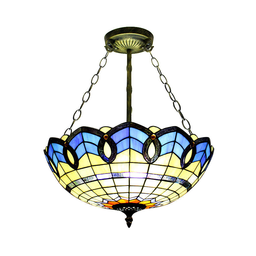 Stained Glass Inverted Ceiling Lamp - Tiffany Baroque Semi Flushmount Light in Beige/Yellow/Antique Bronze - Multiple Sizes Available