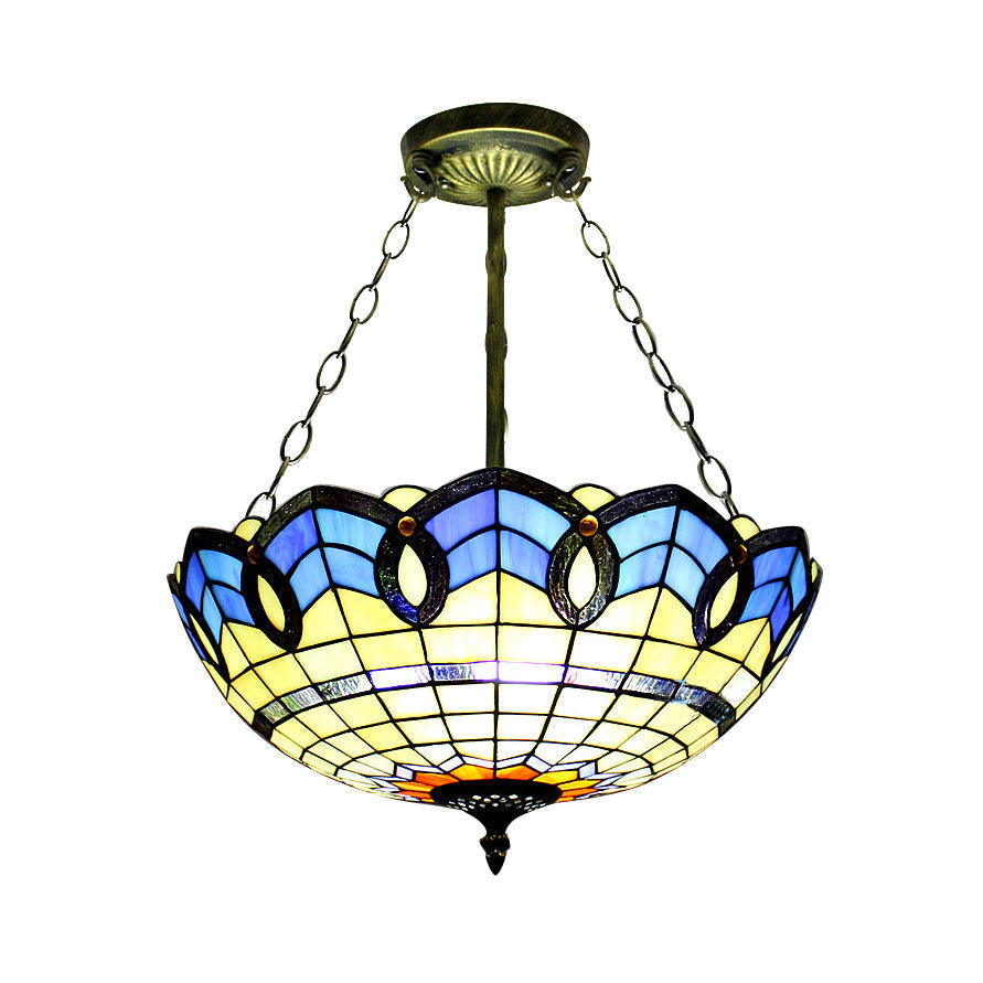 Stained Glass Inverted Ceiling Lamp - Tiffany Baroque Semi Flushmount Light In Beige/Yellow/Antique