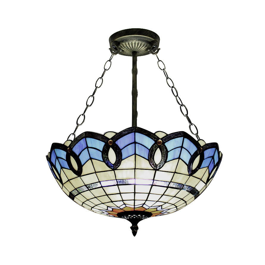 Stained Glass Inverted Ceiling Lamp - Tiffany Baroque Semi Flushmount Light in Beige/Yellow/Antique Bronze - Multiple Sizes Available