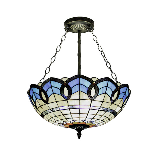 Stained Glass Inverted Ceiling Lamp - Tiffany Baroque Semi Flushmount Light In Beige/Yellow/Antique