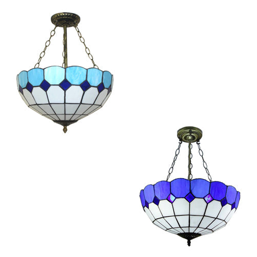 Tiffany Blue Stained Glass Bowl Ceiling Lamp - Cafe Lattice Inverted Mount Light (12"/18" W)