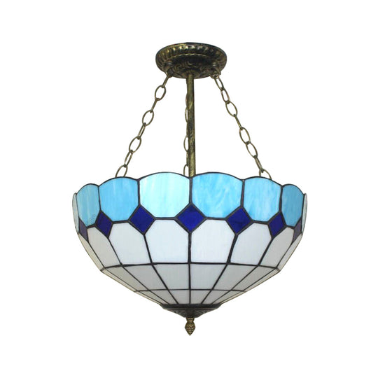 Tiffany Blue Stained Glass Bowl Ceiling Lamp - Cafe Lattice Inverted Mount Light (12"/18" W)