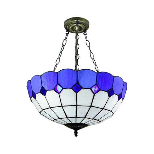 Tiffany Blue Stained Glass Bowl Ceiling Lamp - Cafe Lattice Inverted Mount Light (12"/18" W)