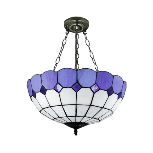 Tiffany Blue Stained Glass Bowl Ceiling Lamp - Cafe Lattice Inverted Mount Light (12"/18" W)