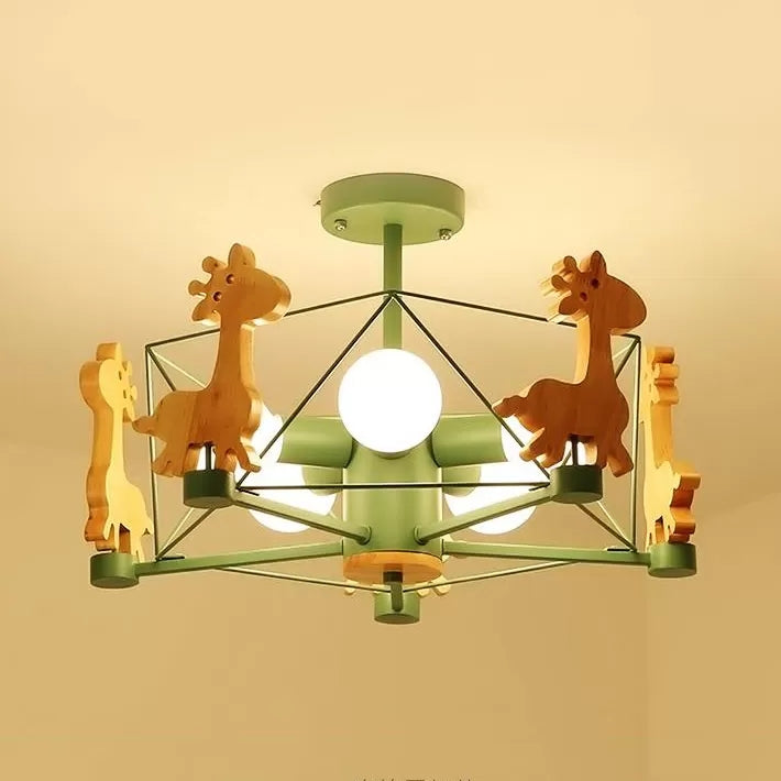 Giraffe 5-Head Kids Semi Flush Mount Wire Frame Ceiling Light For Childs Bedroom - Metallic Finish