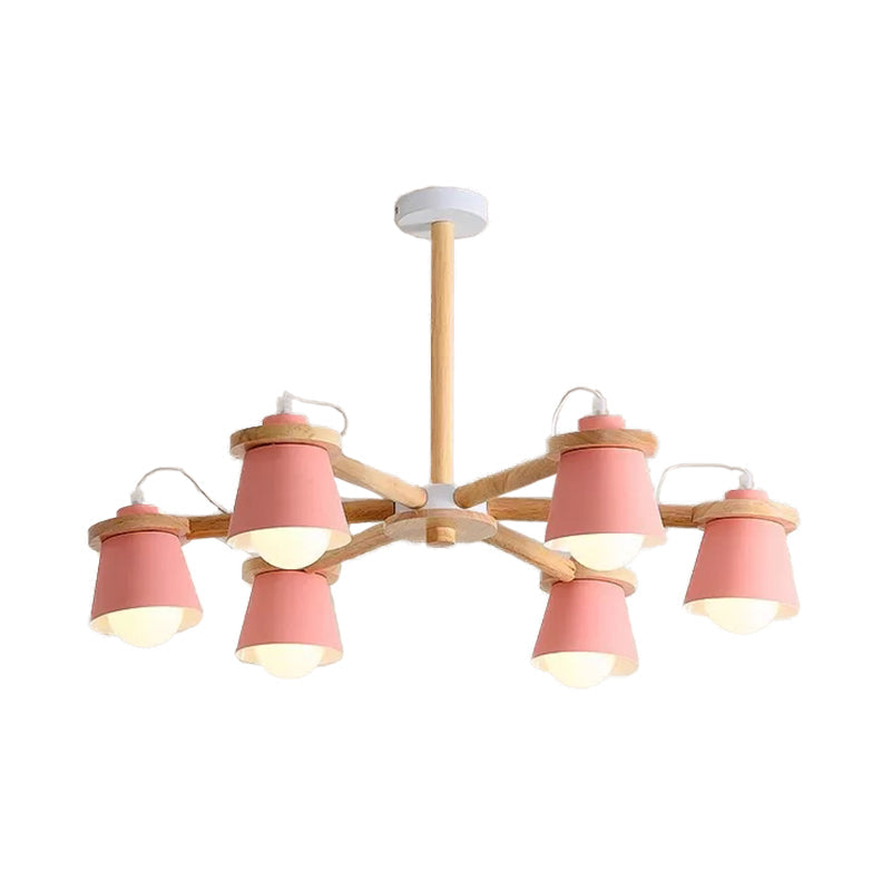 Macaron Metal Chandelier With 6 Bucket Shades Pendant Lighting For Kindergarten Pink