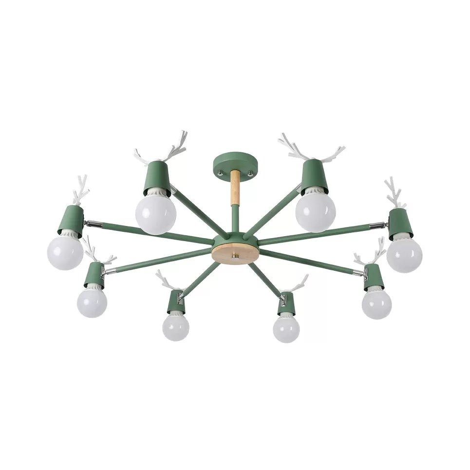 Macaron Sweet Cone Game Room Chandelier - Metal 8-Light Hanging Light With Antlers