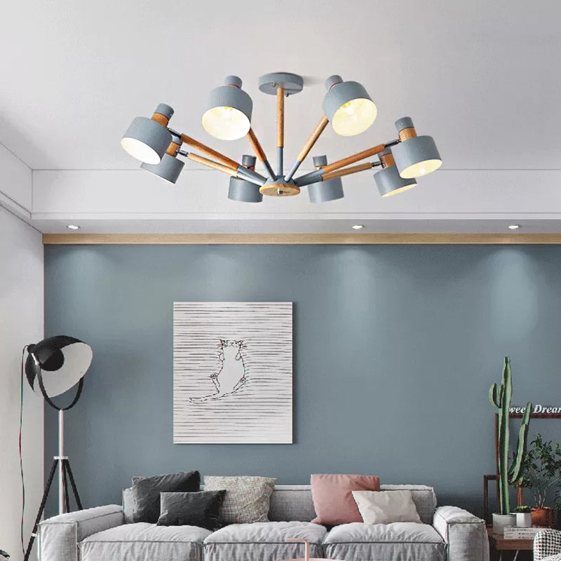 8-Light Macaron Round Shade Semi Flushmount For Kindergarten Ceiling Light Grey