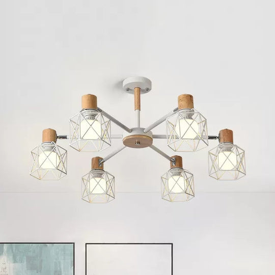 Modern Wood & Metal Chandelier For Villa And Restaurant - Wire Frame Hanging Light 6 / White