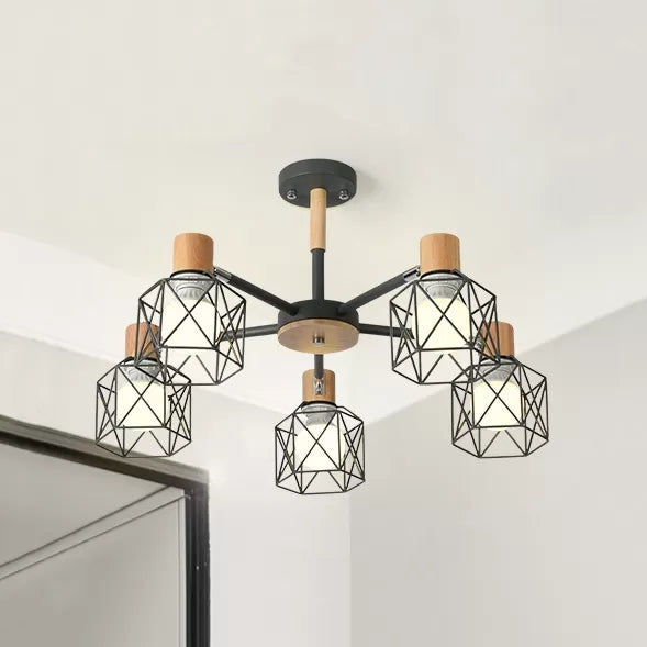 Modern Wood & Metal Chandelier For Villa And Restaurant - Wire Frame Hanging Light 5 / Grey