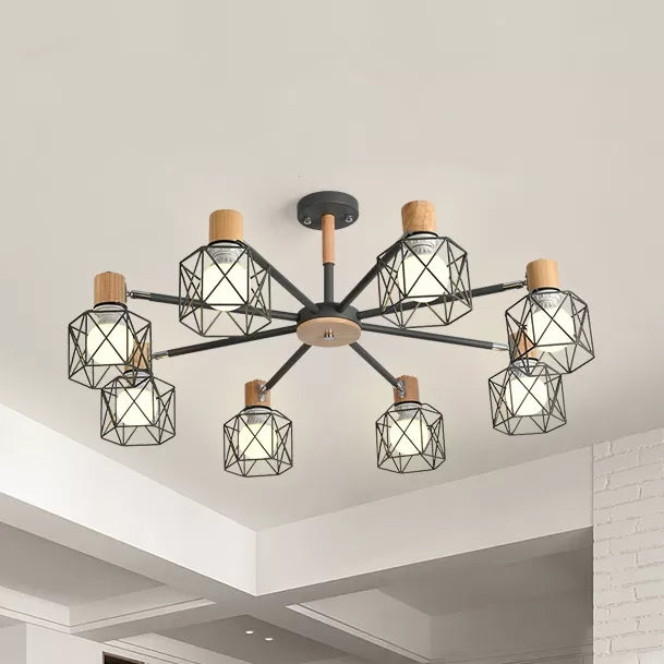 Modern Wood & Metal Chandelier For Villa And Restaurant - Wire Frame Hanging Light 8 / Grey