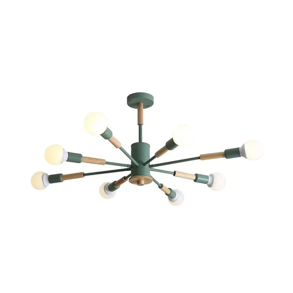 Sky Bang Kindergarten Chandelier - Wooden Nordic Hanging Light With Open Bulb 8 / Green